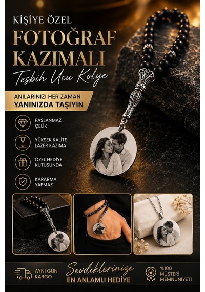 Kişiye Özel Lazer İşlemeli Fotoğraflı Tesbih Anlamlı Hediye Siyah