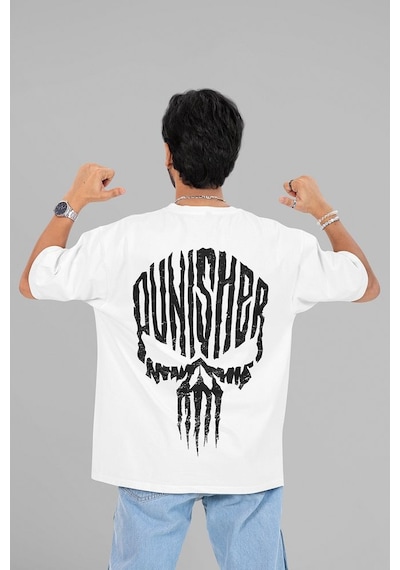Punisher Baskılı Unisex Oversize Dizi Tişört Beyaz