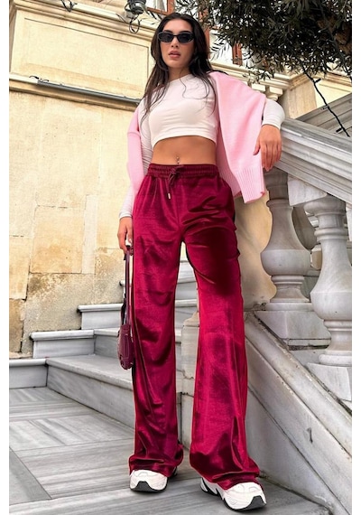 Madmext Bordo Bol Paça Kadife Pantolon Mg2283 Bordo