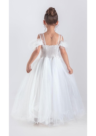 Mnk Baby & Kids Uzun Etek Kız Çocuk Robası Şifon Abiye M00723 Beyaz