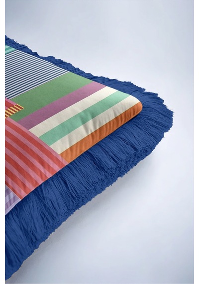 Geometrik Çizgili Modern Saçaklı Yastık Kılıfı - Patchwork Mint Lacivert Püsküllü Kırlent Kılıfı Altın