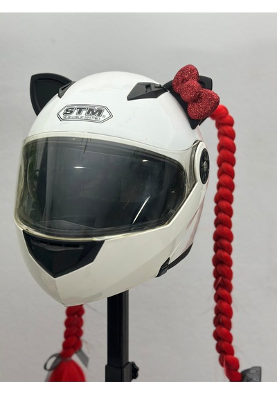 Motor & Motosiklet Kırmızı Simli Çift Örgü Saç Ve Kırmızı Fiyonklu Kedi Kulak Set Kask Dış Aksesuarı Diğer