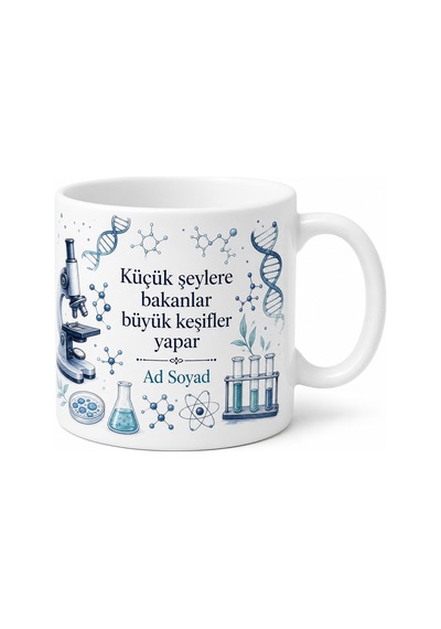 İsimli Mikroskop Desenli Baskılı Kupa Bardak Bilim Hediye Beyaz / Çok Renkli
