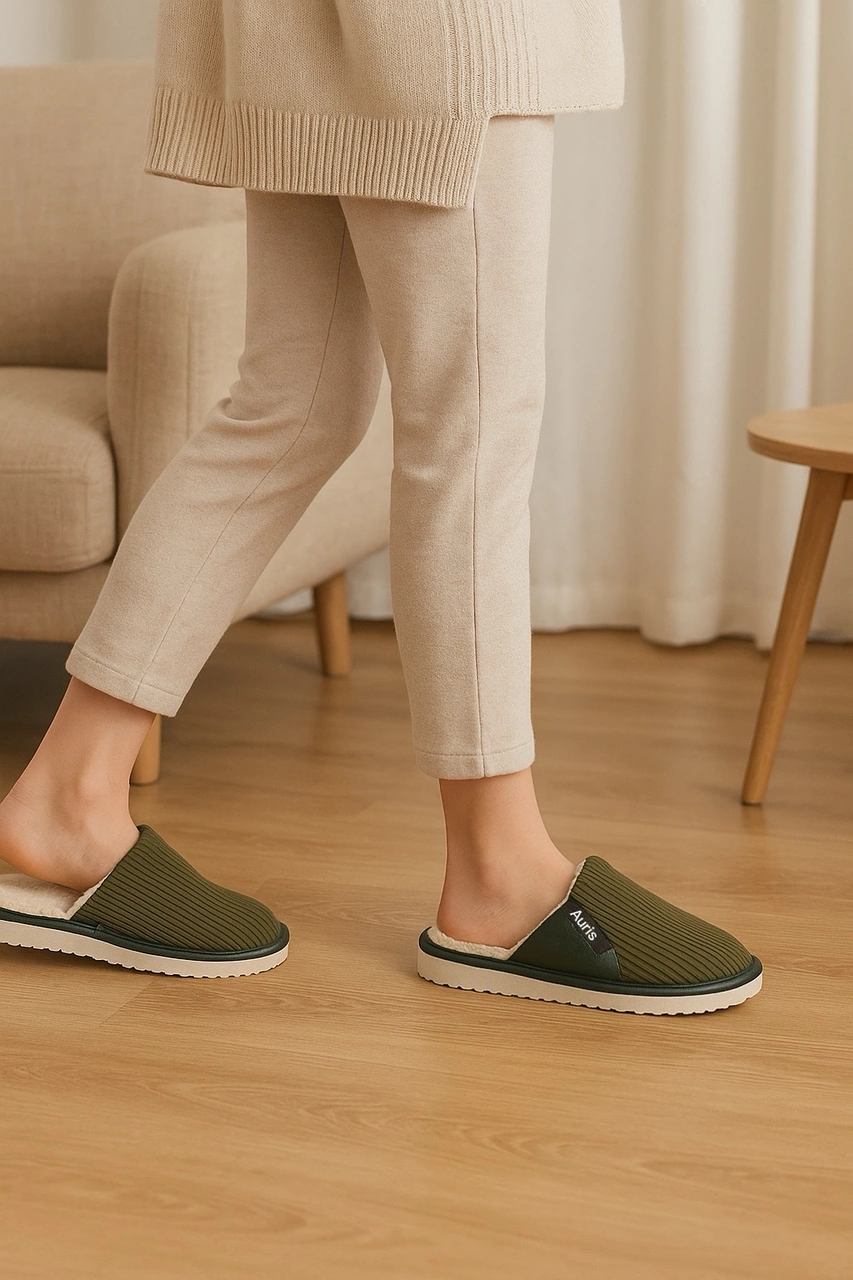 Ar-060 Unisex Kadife Kumaş İçi Kürklü Kışlık Ev Terliği Haki