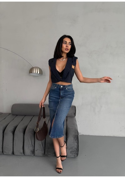 Zeo Basic Yırtmaçlı Midi Boy Jean Etek Mavi+taşlamalı