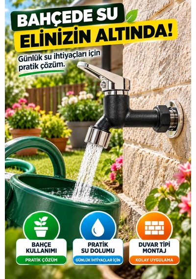 Siyah Plastik Bahçe Wc Musluğu Filtreli Perlatörlü Tek Kollu Aç Kapa Duvar Tipi Lavabo Su Musluğu Ev