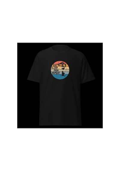 Wildstyle Retro Balık Gün Batımı Vintage Balıkçılık Deniz Baskılı Unisex Bisiklet Yaka Pamuklu Tişört Siyah