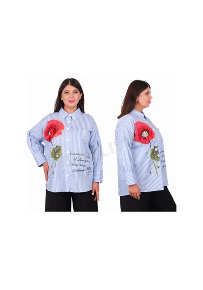 Büyük Beden Çiçek Motifli Slogan Yazılı Çizgili Gömlek Mavi