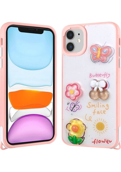 Apple Uyumlu iPhone 11 İle Kılıf Parlayan Sıvılı Simli Kabartma Figürlü Kapak