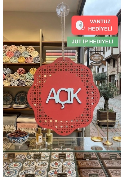 Hazeran Rattan Desenli Modern Açık/kapalı Tabelası - Kırmızı