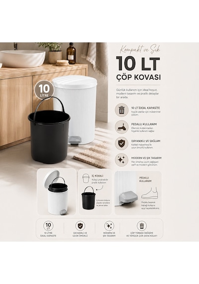 Porsima 0706-1 Still Beyaz 10 Litre Pedallı İç Kovalı Yuvarlak Banyo & Mutfak Çöp Kovası Yok