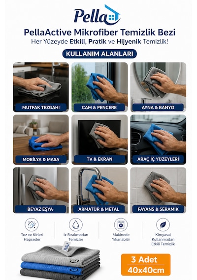 Mikrofiber Cam Bezi 3'lü Set 40x60cm - Ilaçsız Lekesiz Temizlik, Çizik Yapmaz, Yıkanabilir Gri - Mavi