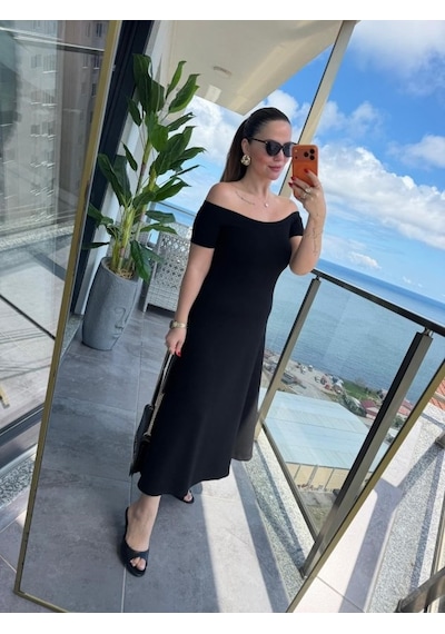 De'charme Kadın Madonna Yaka Midi Boy Modal Elbise Siyah
