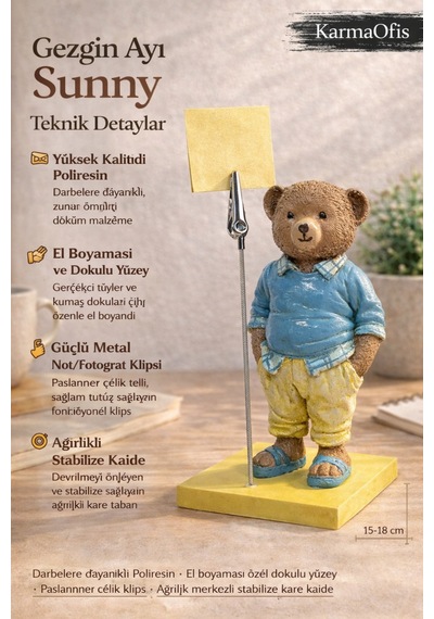 Gezgin Ayı Sunny Not Tutucu & Fotoğraf Standı Dekoratif Masaüstü Organizer El Boyaması Biblo