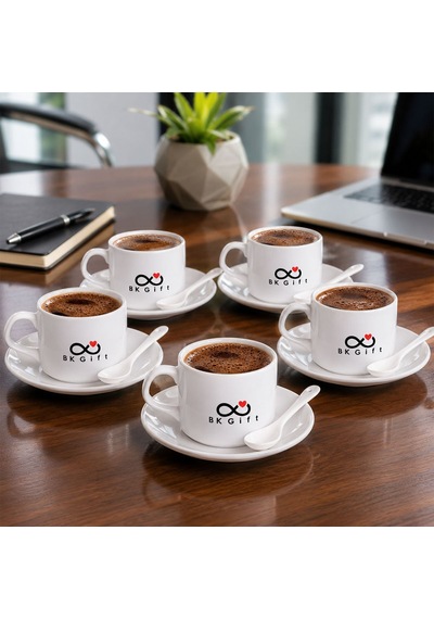 Logonuza Özel 5 Adet Porselen İkili Kaşıklı Fincan Seti - 140 Ml Kurumsal Kahve Seti Beyaz