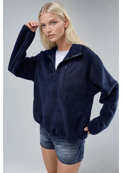 Hiccup Busem Fermuarlı Yakalı Peluş Örme Sweatshirt, Cepli Lacivert