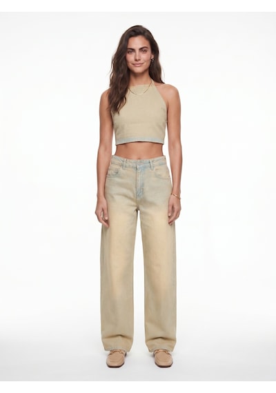 Onloox Kadın Buğday Buğday Pamuklu Boyundan Bağlamalı Crop Top Yüksek Bel Wide Leg Denim Pantolon İkili Takım Onloox Kadın Buğday Buğday Pamuklu Boyundan Bağlamalı Crop Top Yüksek Bel Wide Leg Denim Pantolon İkili Takım