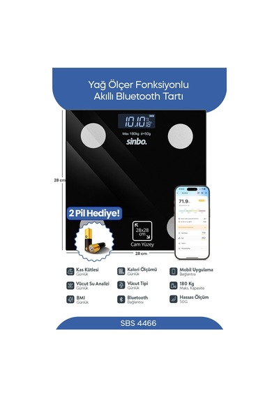 Sbs-4466 Akıllı Bluetooth Baskül Vücut Yağ &amp Bmı Ölçer, Mobil Uygulamalı
