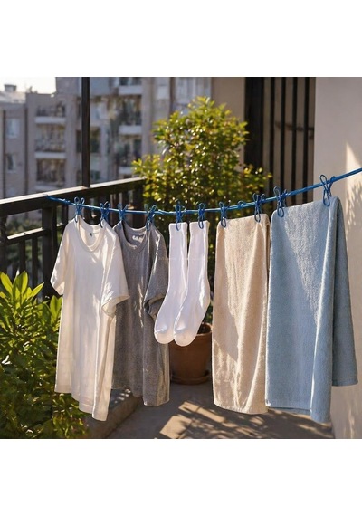 Vios Store Seyahat Tipi Portatif Çamaşır İpi, 12 Mandallı Esnek Kamp Askısı, Rüzgara Dayanıklı Kaymaz Balkon V Diğer