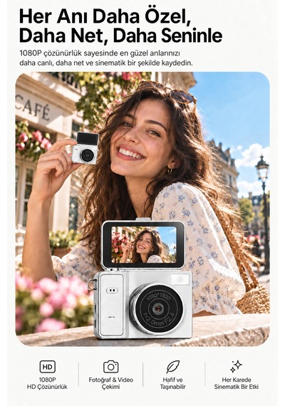 Mimtec Blm-109 Retro Mini Dijital Kamera 1080p Hd Katlanabilir Ekran Flaşlı Selfie Vlog Video Kamerası Beyaz
