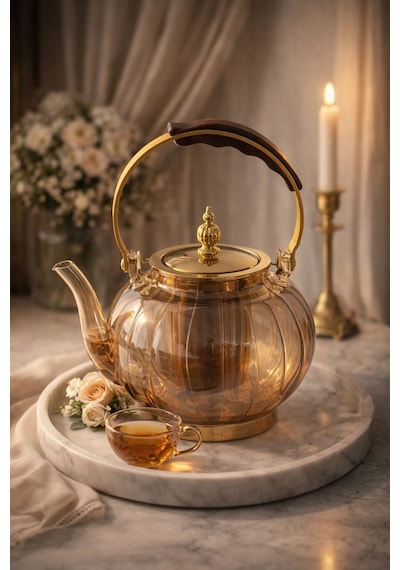 Morponi Ahşap Saplı Isıya Dayanıklı Borosilikat Amber Cam Demlik 1200 Ml Süzgeçli Cam Demlik Oval Çizgili Amber