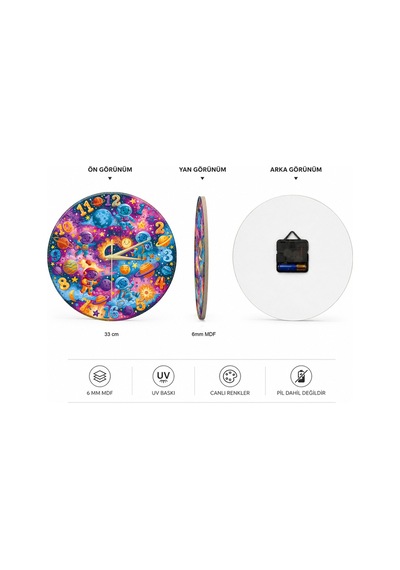 Çocuk Astronotlar Dekoratif Duvar Saati 33 Cm Uv Baskılı Mdf Duvar Saati Çok Renkli