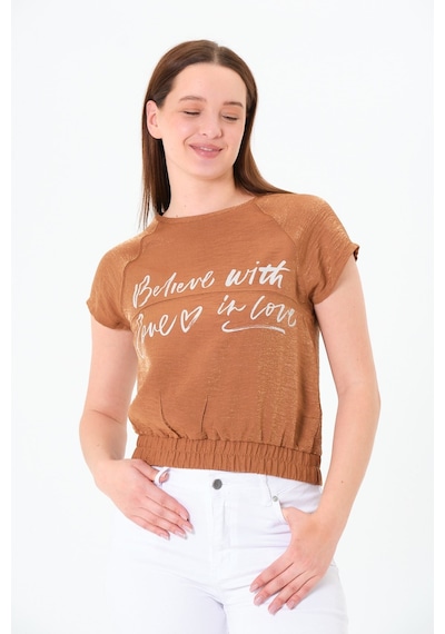 Sortie Collection Reglan Kollu Yazı Baskılı Beli Lastikli Bluz Kahverengi