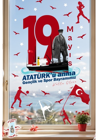 19 Mayıs Atatürk Ü Anma Gençlik Ve Spor Bayramı Çift Taraflı Cam Sticker Set 100% Görünüm,90 Parça Dijital Baskı