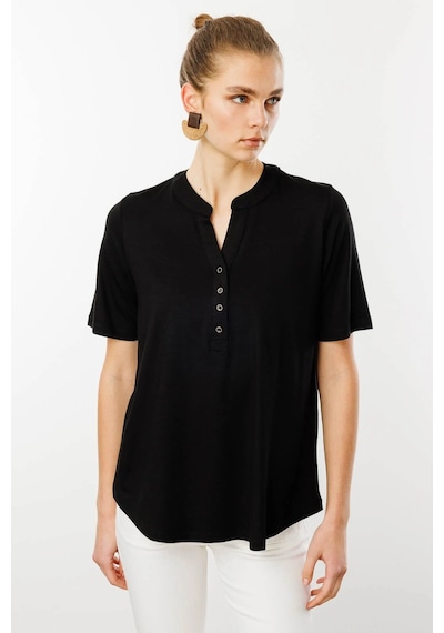 Desen Triko Kadın Yakası Düğmeli Penye T-shirt 25764 Siyah Siyah