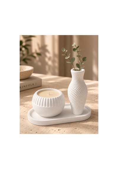 Taş Tozu Vazo Ve Mumluk Seti Beyaz - 902373746 Beyaz - 902373746 Beyaz