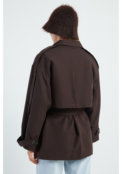 Fullamoda Beli Kemerli Kruvaze Yaka Oversize Trençkot Kahve