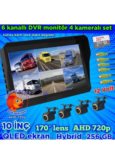 4 Adet 4x3 Cm. 170 Derece Balık Gözü Lens Ahd 720p Kamera Qled Ekran 10'' Dvr 12 V 256 Gb