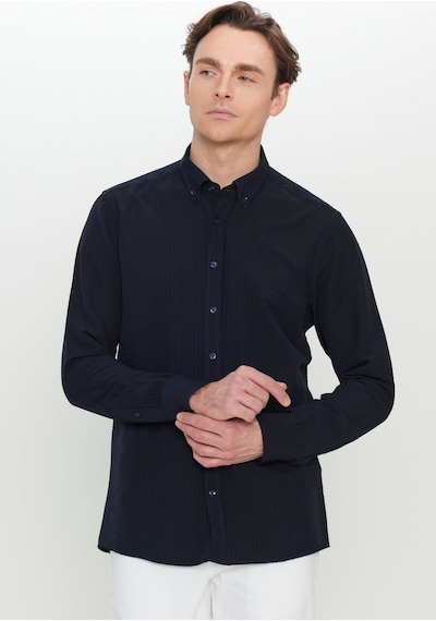 AC&Co / Altınyıldız Classics Erkek Lacı Slim Fit Dar Kesim Düğmeli Yaka Armürlü Gofre Desenli Gömlek Lacı Lacivert AC&Co / Altınyıldız Classics Erkek Lacı Slim Fit Dar Kesim Düğmeli Yaka Armürlü Gofre Desenli Gömlek Lacı Lacivert