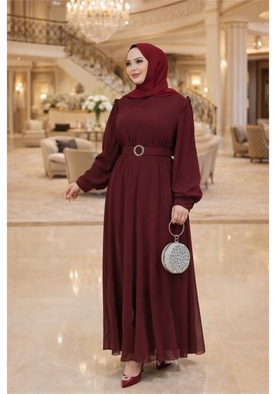 Neşeli Butik Kadın Bordo Tül Kumaş Kemer Detaylı Büyük Beden Tesettür Elbise Nbft006 Bordo