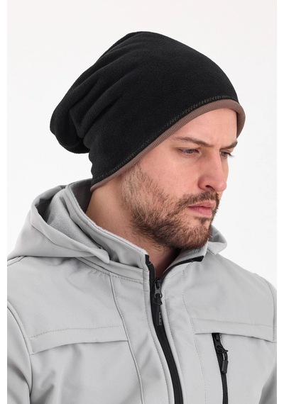 Butikgiz Erkek Siyah Polar Dış, Kahve Pamuklu Iç Kısım, Çift Renk Çift Katmanlı Katlanabilir Yumuşak Bere - Standart / Siyah-kahverengi Siyah-kahverengi
