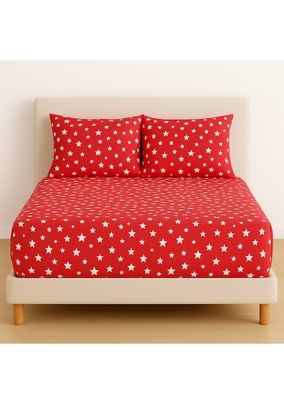 Lionas Desenli 140 X 200 Cm Kırmızı Yıldız Lastikli Çarşaf Ve 2 Adet Yastık Kılıfı Kırmızı