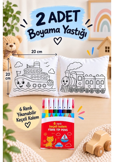 2 Adet Boyama Yastığı + 6 Renk Yıkanabilir Keçeli Kalem Çocuk Aktivite Seti Anaokulu Kreş Etkinliği