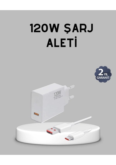 120w Süper Hızlı Şarj Adaptörü Type-c Kablo Dahil, Yüksek Voltaj Korumalı Beyaz