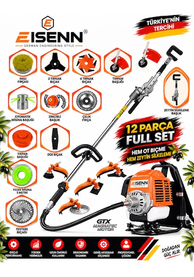 Eısenn Evo-12 Pro 12 Parça Full Set Sırt Tipi Zeytin Silkeme Hasat Toplama Tırpan Motoru