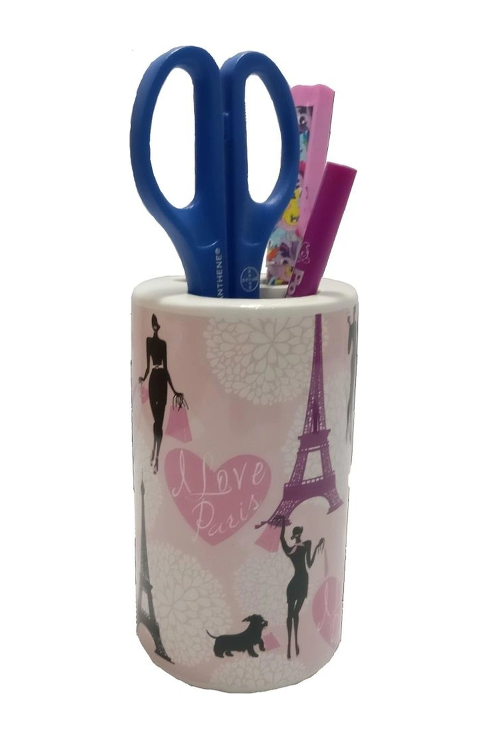 2 Adet Kalemlik Kızlı Paris Desenli Seramik Ofis Gereci 7x7x11cm Çok Renkli