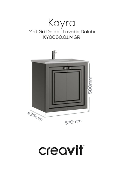 Creavit Kayra Lavabo Dolabı Kapaklı 60cm Mat Gri Creavit Kayra Lavabo Dolabı Kapaklı 60cm Mat Gri
