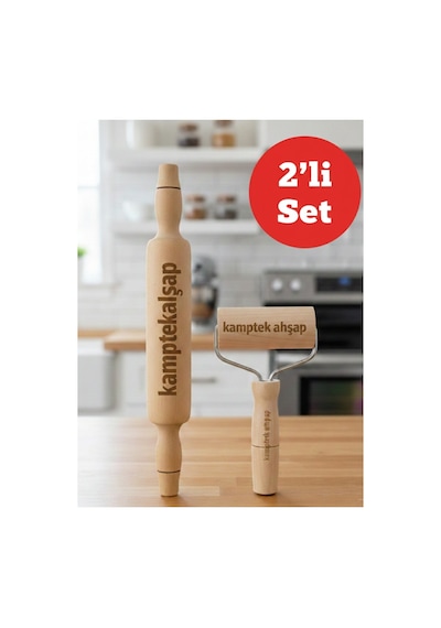 Kamptek Ahşap 2 Li Mutfak Merdane Seti Doğal Ve Ergonomik 35 Cm Düz Ve Rolo Merdane