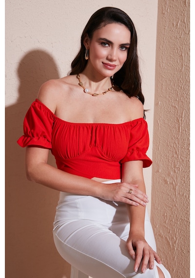 Lela Regular Fit Madonna Yaka Bağlama Detaylı Crop Bayan Bluz 6527017 Nar Çiçeği