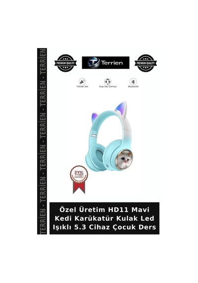 Özel Üretim Hd11 Mavi Kedi Karükatür Kulak Led Işıklı 5.3 Cihaz Çocuk Ders