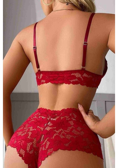 Merry See Dantel Şık Sütyen Külot Takım İç Giyim Kırmızı 001