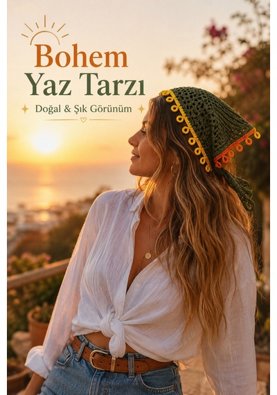 El Örgüsü Saç Bandanası Bohem Yazlık Bandana Ayarlanabilir Kadın Saç Aksesuarı Haki