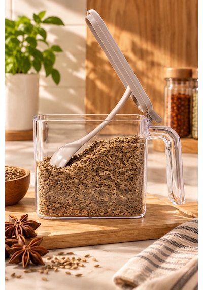 Porsima 0439 Standlı Kendinden Yapışkanlı Kaşıklı Kapaklı Baharatlık Takımı 9'lu - Cappucino Beyaz Beyaz - Cappucino