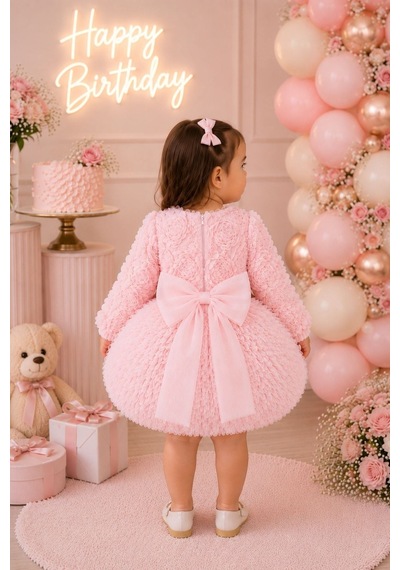 Cantoy Kız Bebek 3d Çiçek Aplikeli Tüllü Tütülü Prenses Elbise Uzun Kollu Doğum Günü Elbisesi Pembe