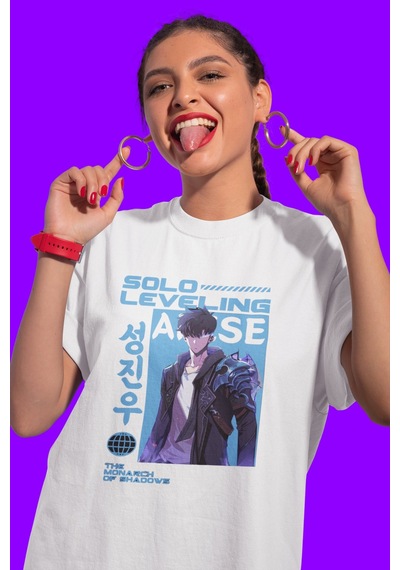 Solo Leveling Arise Baskılı Unisex Oversize Anime Karakter Tişört Beyaz