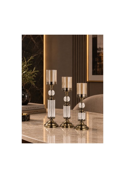 Kristal Ve Cam Detaylı Metal Şamdan Eskitme